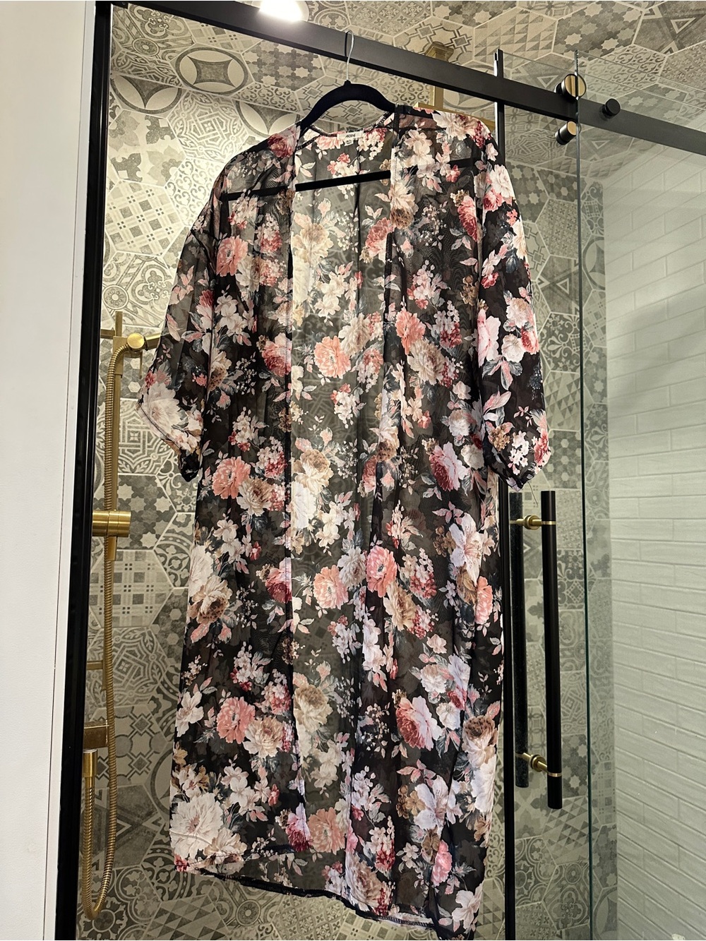 Ardene Black Sheer Floral Kimono with Pink & Cream Blooms